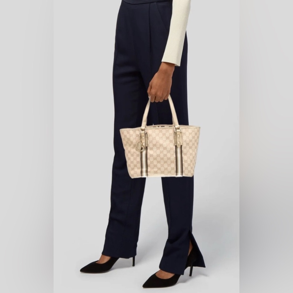 EUC [Gucci] Authenticated Monogram Canvas Jolicoeur Tote Handbag Beige w/ Gold - Picture 2 of 16